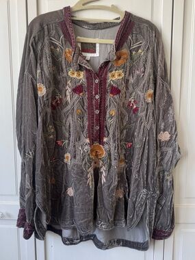 Johnny Was Gray Embroidered Velvet Peasant Blouse with Maroon Trim